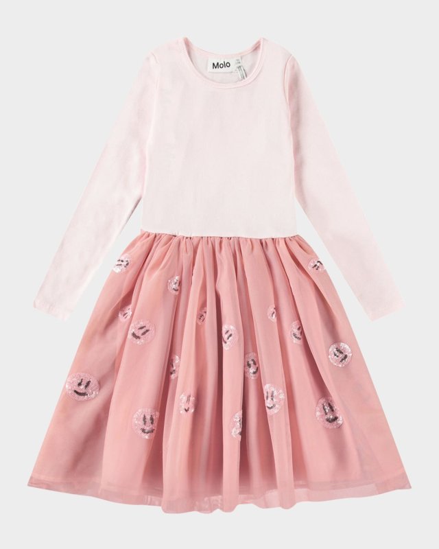 Girl's Cyrus Long-Sleeve Sequin Tulle Combo Dress, Size 7-12